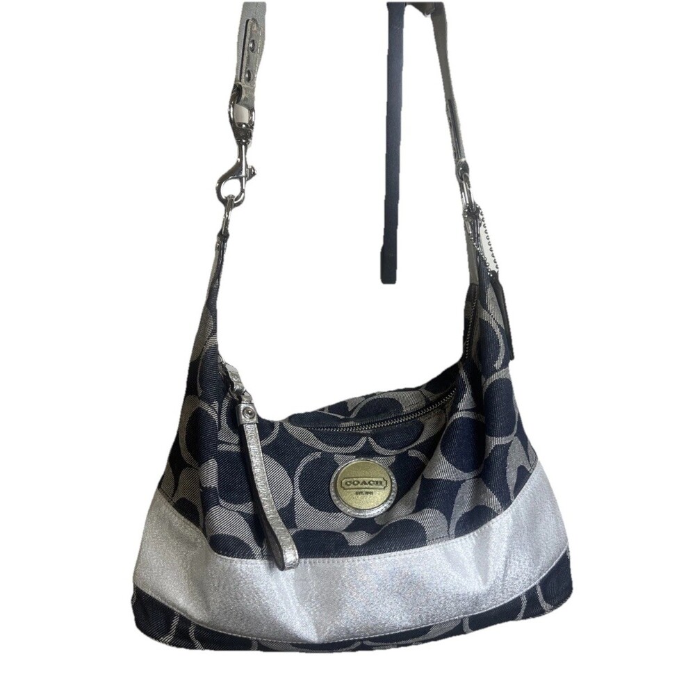 Coach (2011) Carly Sufflette Denim Signature Stripe Hobo F17434 Classic Style